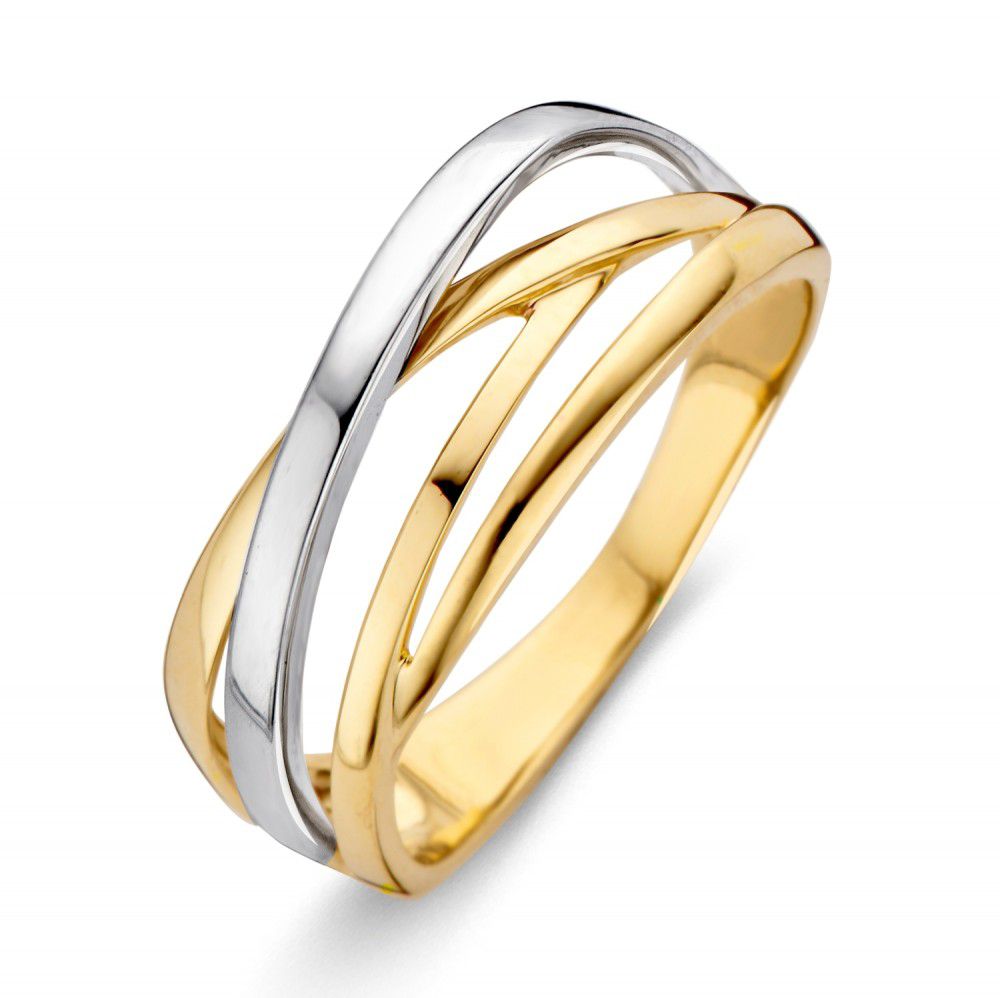 Anello bicolore con fasce intrecciate in oro giallo e bianco.