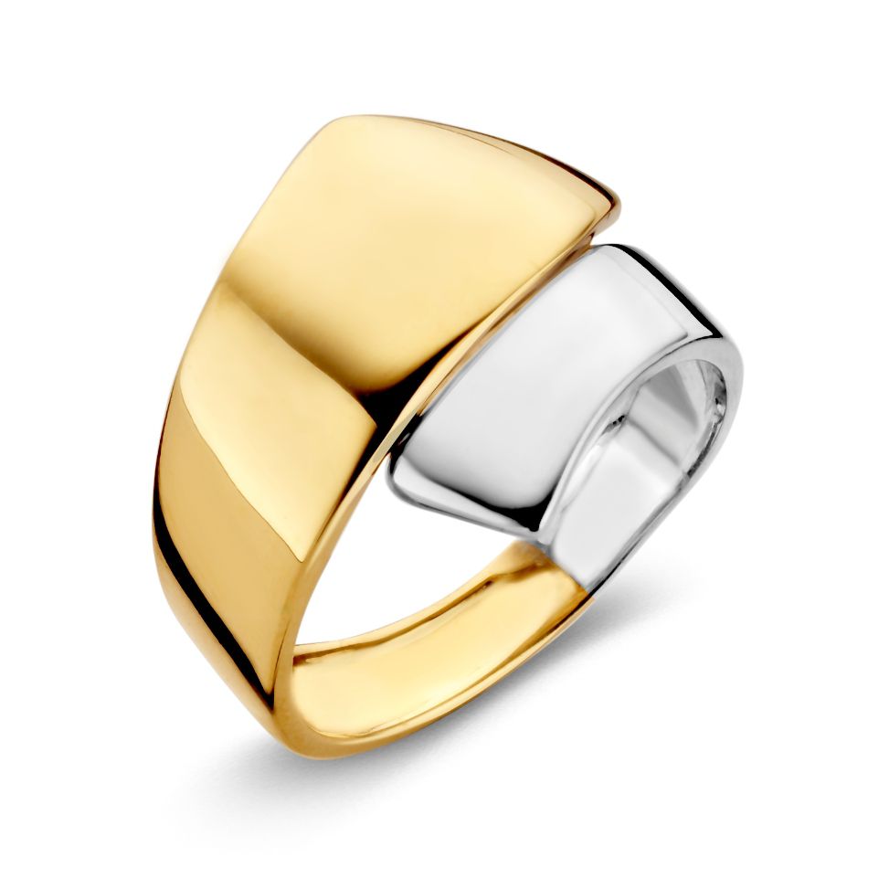 Anello bicolore in oro giallo e bianco, con design moderno e finitura lucida.