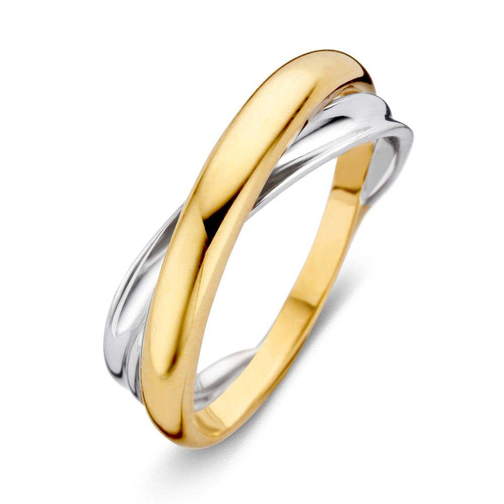 Anello bicolore in oro giallo e bianco, con design intrecciato e finitura lucida.