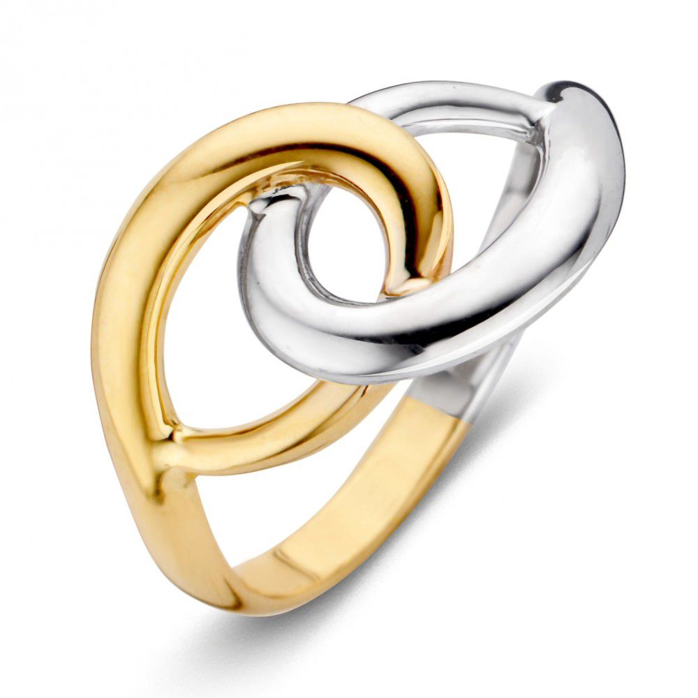 Anello da donna bicolore in oro giallo e bianco, design intrecciato e lucido.