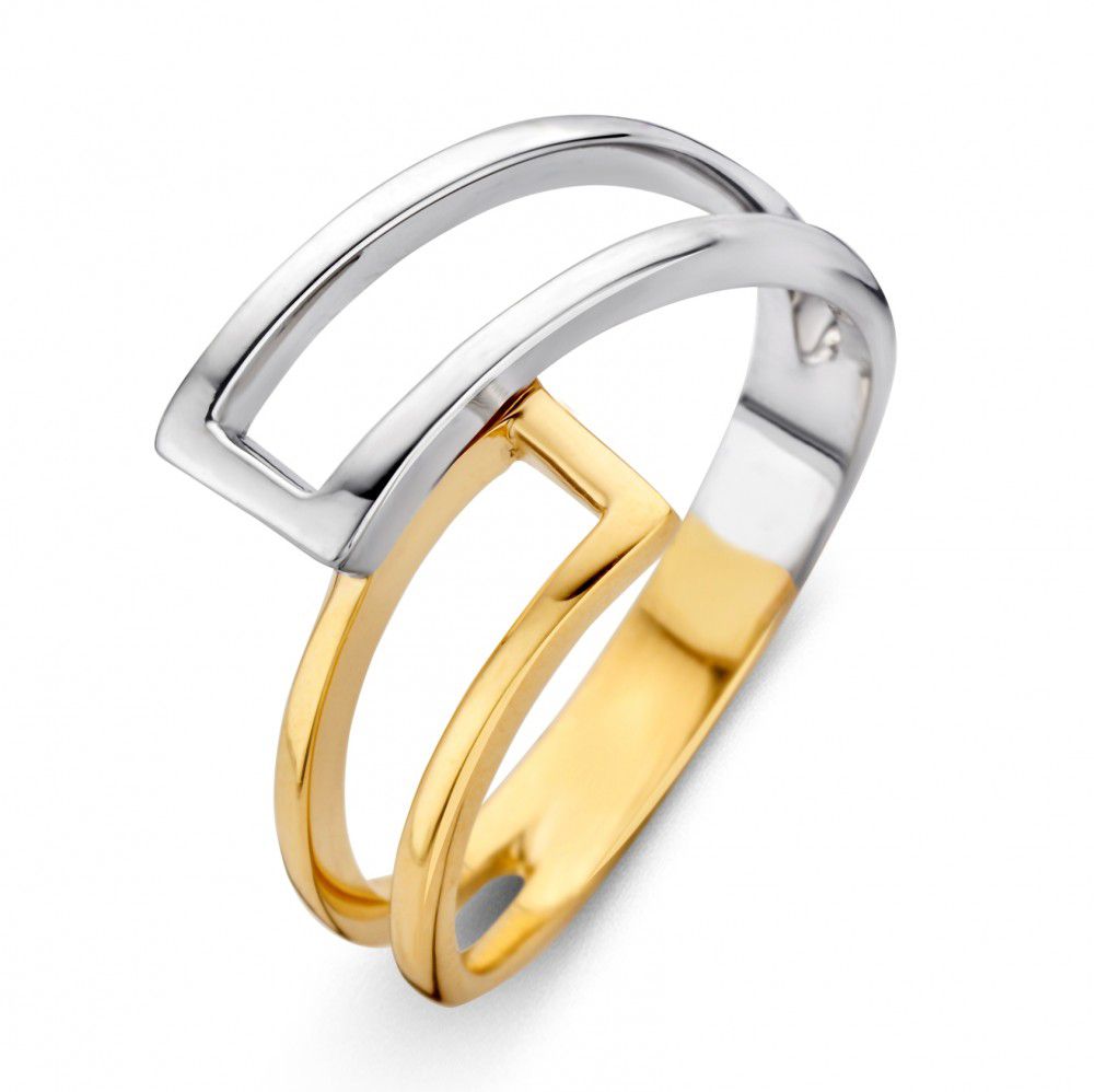 Anello in oro giallo e bianco a due fasce con design moderno.