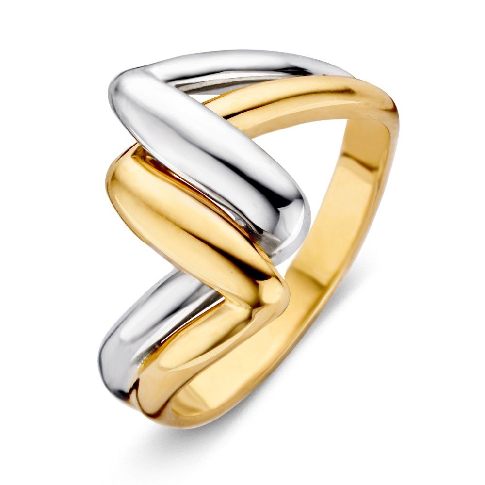 Anello bicolore con design intrecciato in oro giallo e bianco.