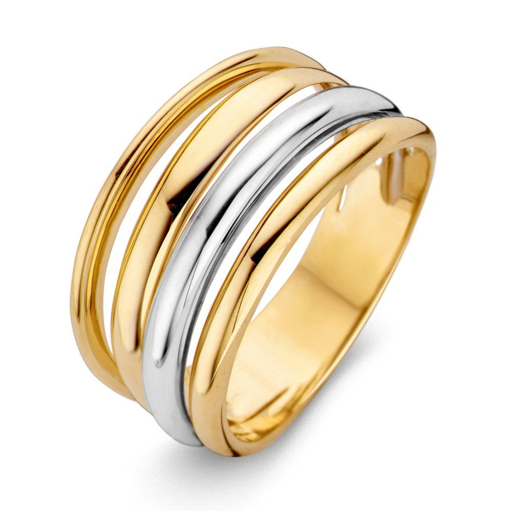 Anello in oro giallo e bianco, largo 10,4 mm, con tre fasce lucide e alternate.