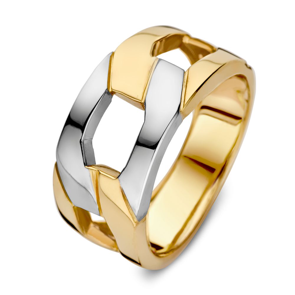 Anello in oro giallo e bianco a 14 carati con design unico a catena.