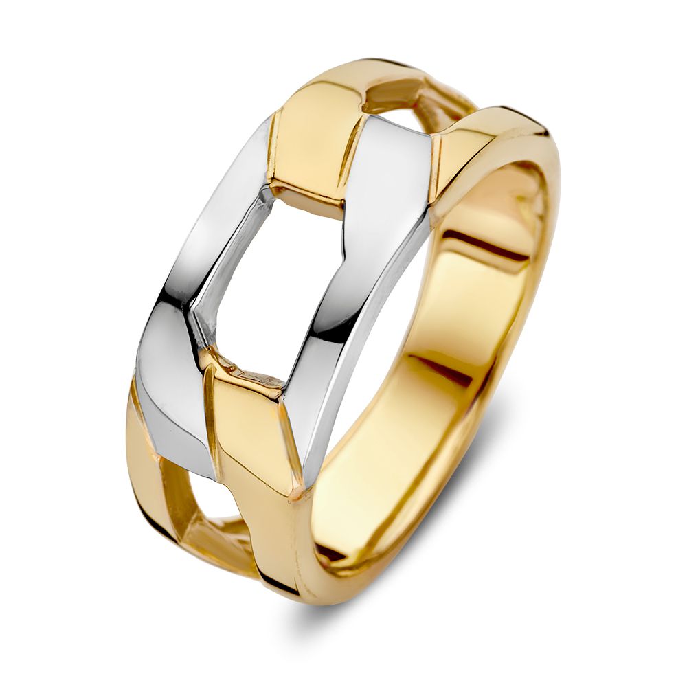 Anello bicolore in oro giallo e bianco, design intrecciato con dettagli geometrici.