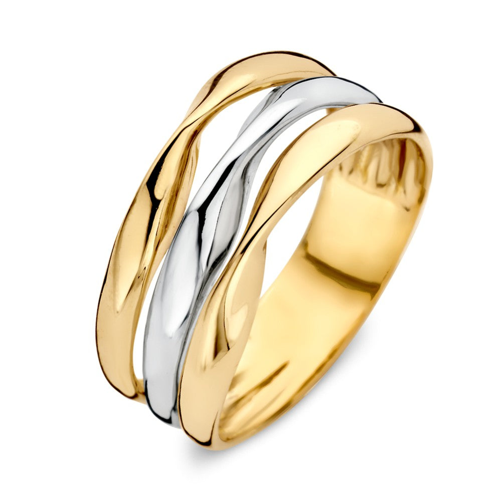 Anello da donna in oro bicolore 14 carati, design ondulato con finitura lucida.