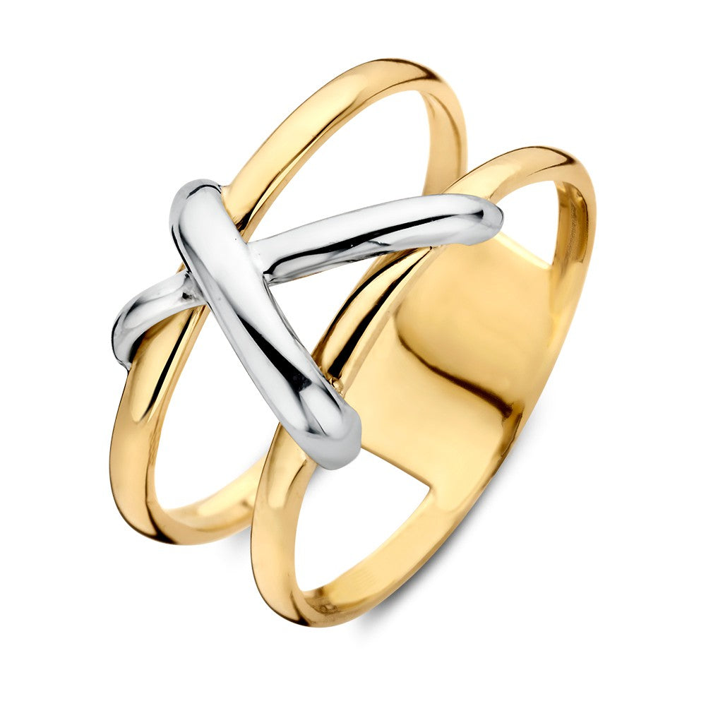Anello bicolore in oro giallo e bianco con design intrecciato.