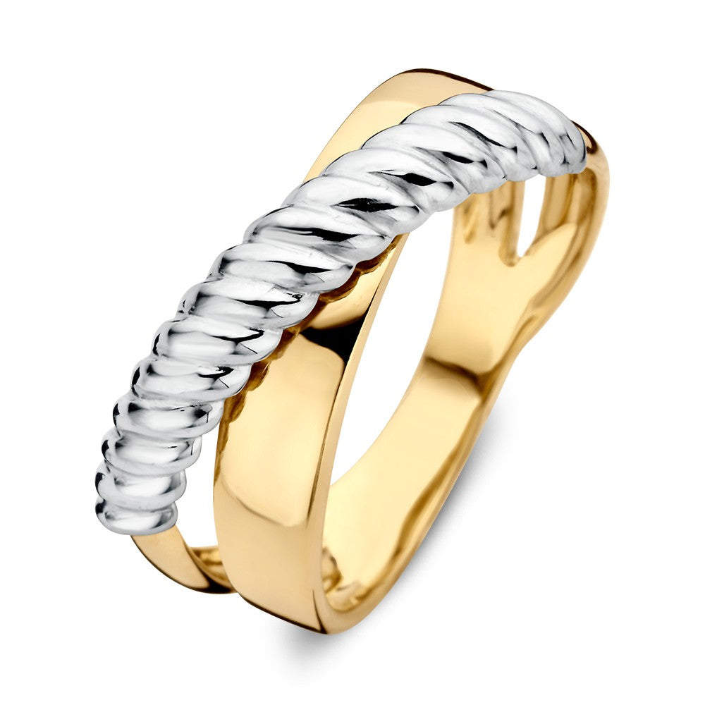 Anello bicolore in oro bianco e giallo con design increspato.