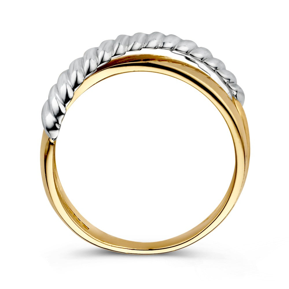 Anello Crossover Bicolore in Oro Bianco e Giallo 14 Carati – Design Rigato