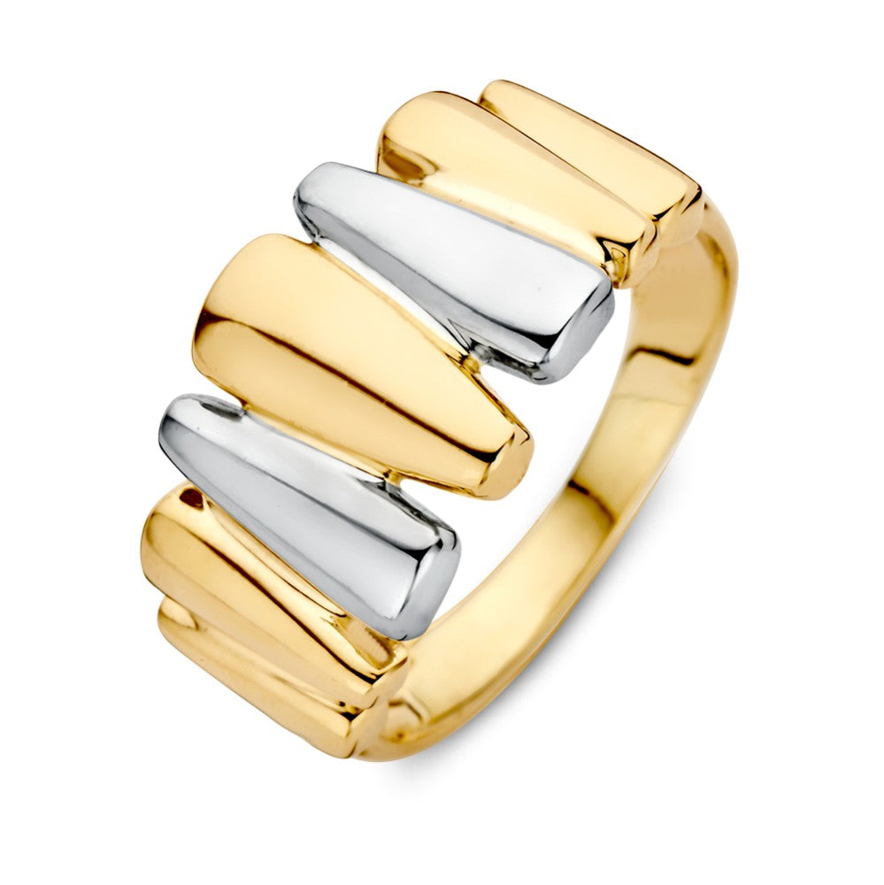 Anello da donna in oro giallo e bianco, con design moderno e finitura lucida.