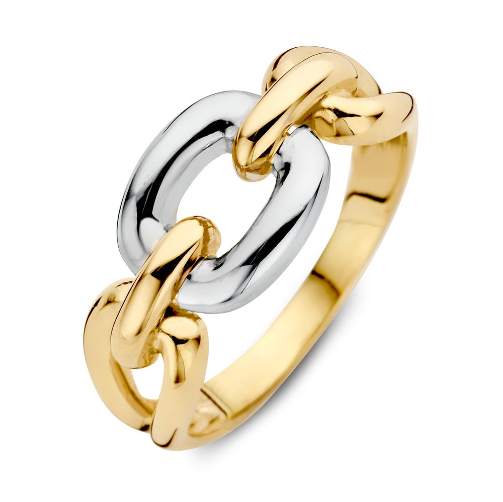 Anello in oro bicolore, con maglie ovali argentate e dorate.