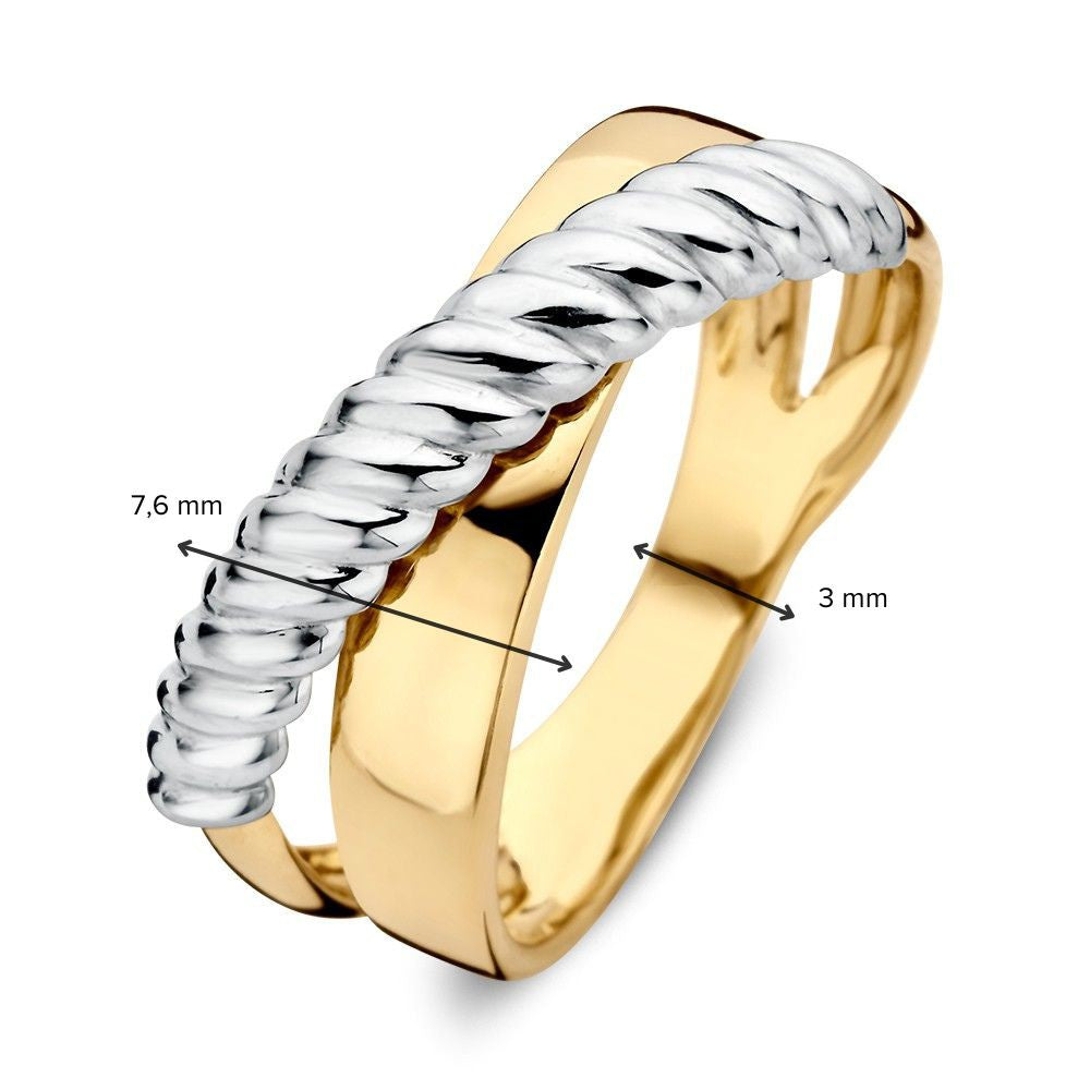 Anello Crossover Bicolore in Oro Bianco e Giallo 14 Carati – Design Rigato