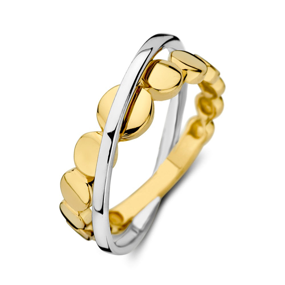 Anello bicolore in oro bianco e giallo con due bande incrociate, 14 carati.