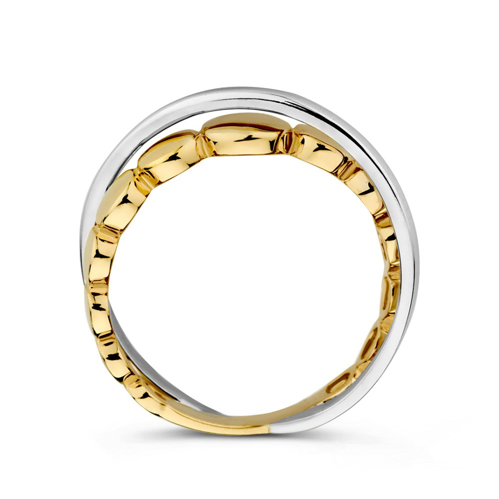 Anello Bicolore in Oro Bianco e Giallo con Due Fasce Incrociate – Lusso 14 Carati per Donna