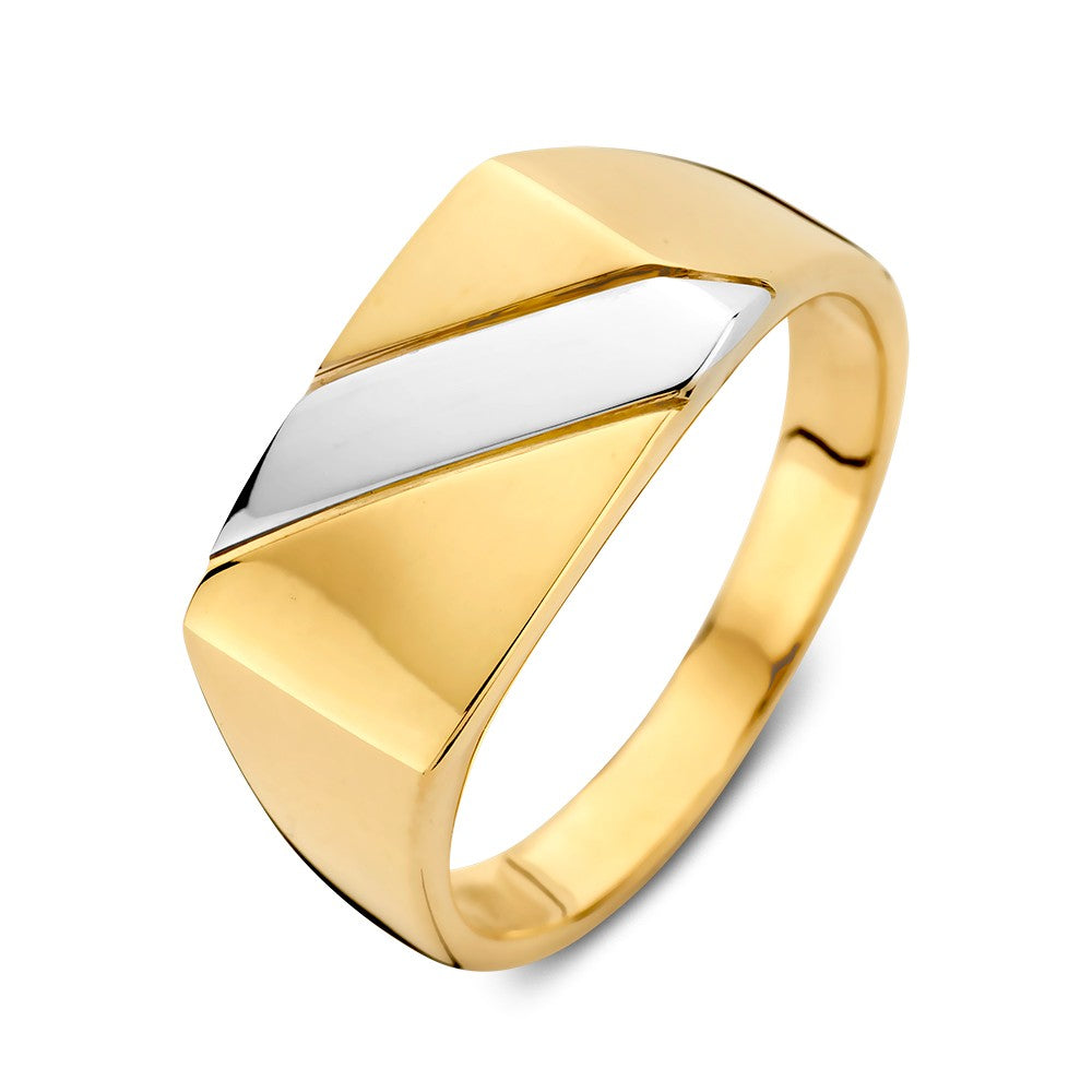Anello da uomo bicolore in oro giallo e bianco con design lussuoso e sostenibile.