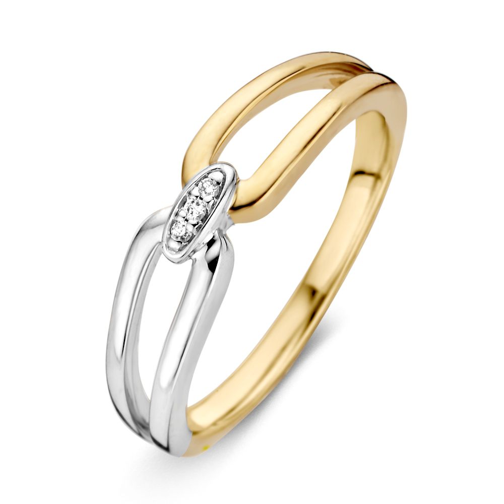 Anello bicolore in oro 14 carati con diamante, design elegante e lussuoso.