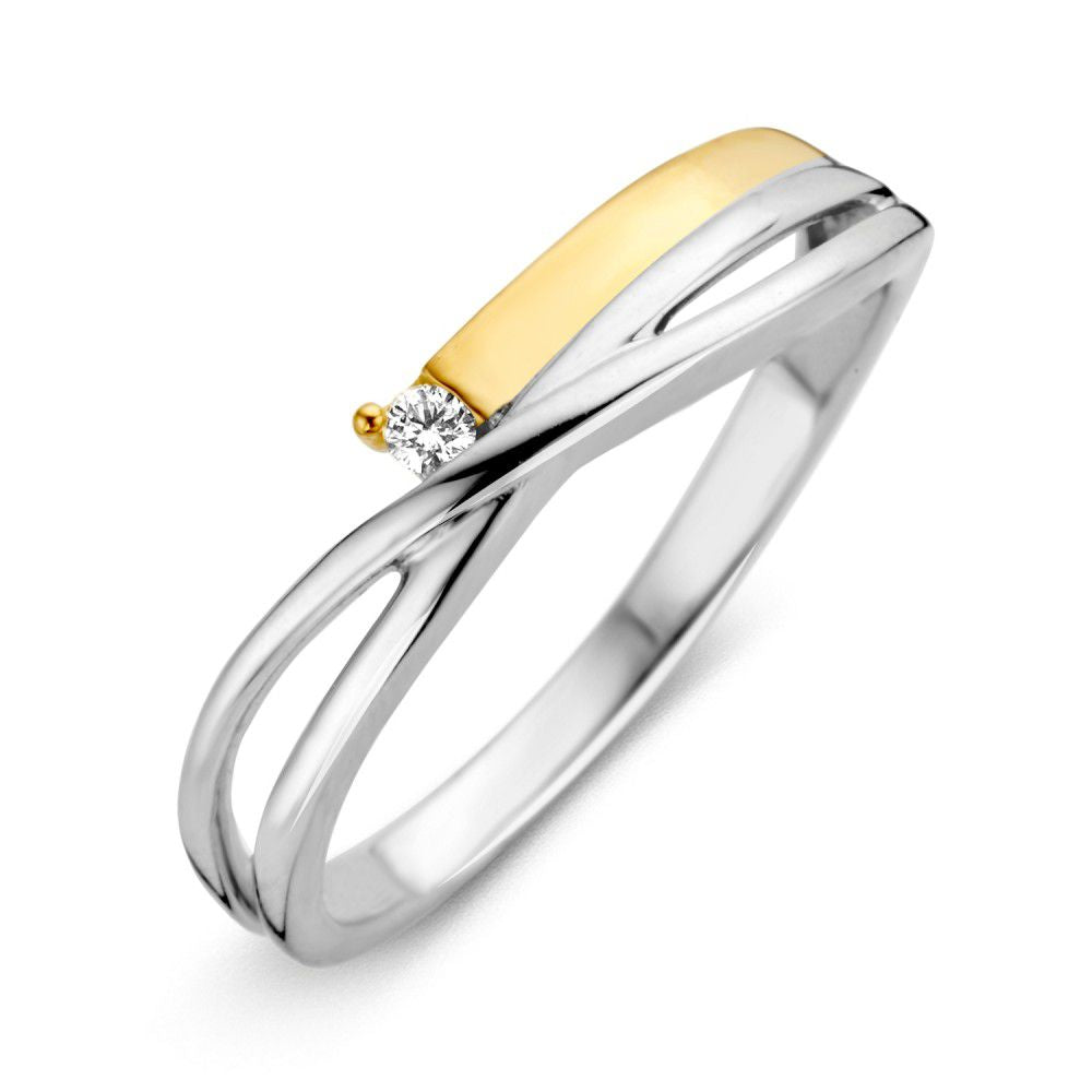 Anello da donna in oro bicolore 14 carati con diamante taglio brillante.