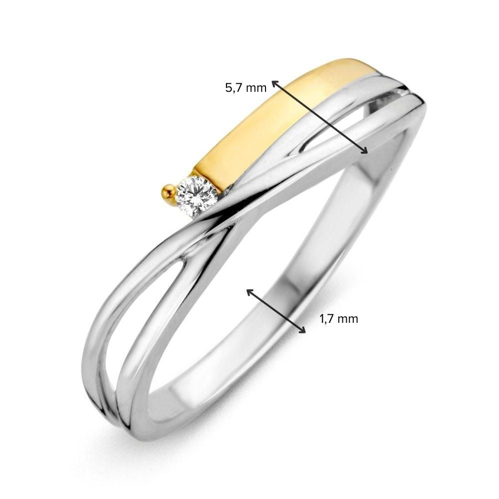 De Excellent Jewelry 14-karaats bicolor gouden damesring met briljant geslepen diamant heeft een splitband ontwerp, is 5,7 mm breed aan de bovenkant en 1,7 mm dik.