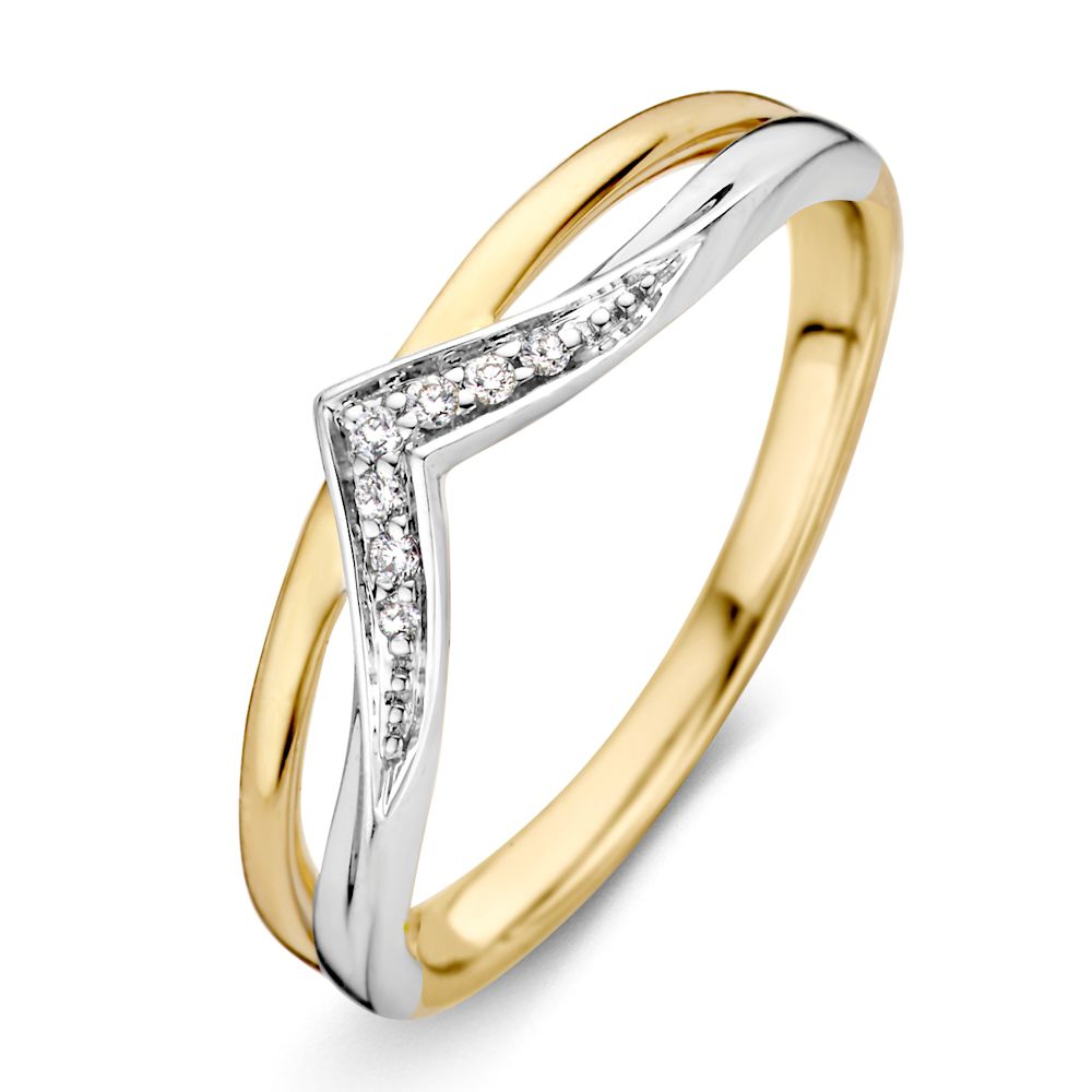 Anello da donna in oro bicolore 14 carati con diamante taglio brillante.