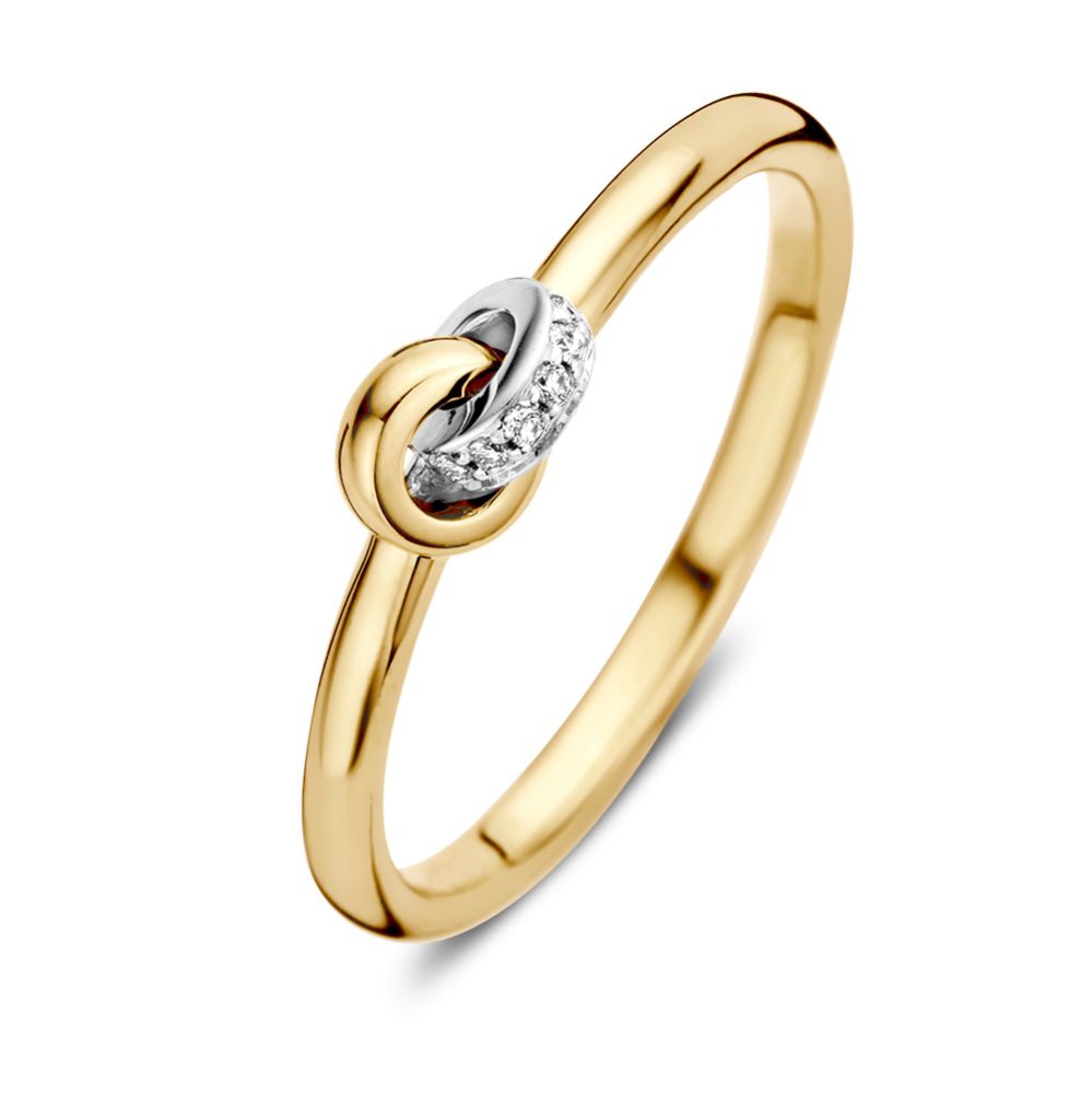 Anello in oro bicolore da donna con diamante taglio brillante e dettaglio intrecciato.