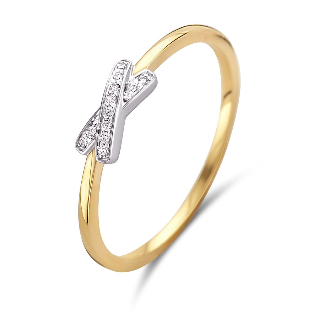 Anello in oro bicolore 14 carati con design a X e diamanti.
