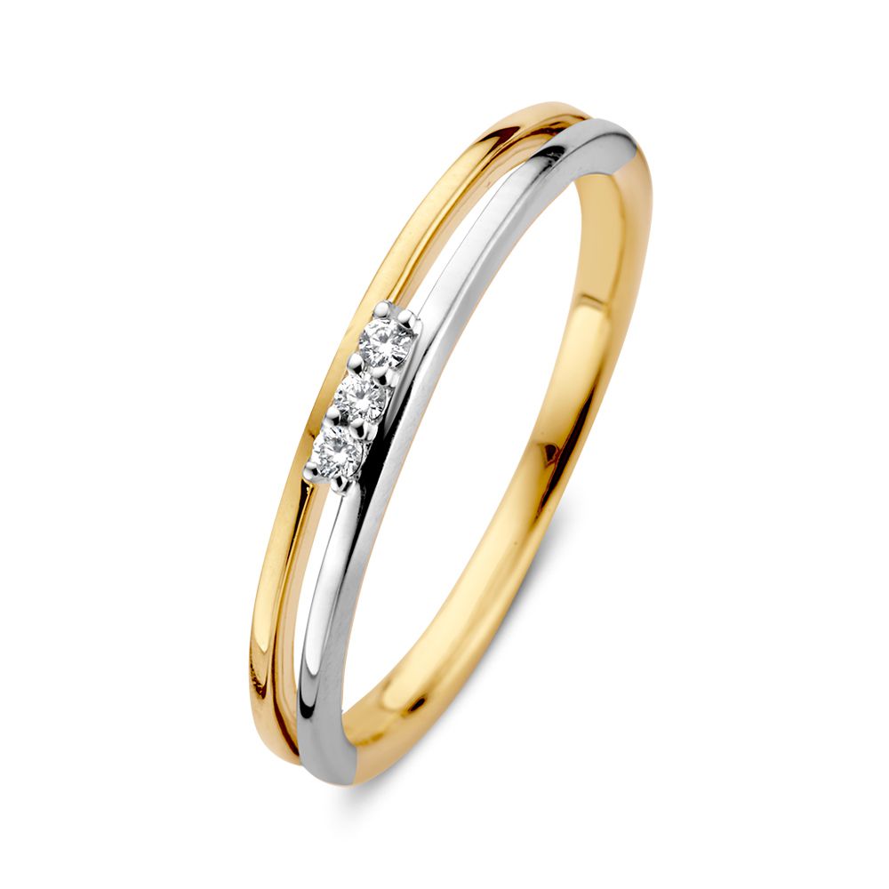 Anello in oro bicolore 14 carati con diamante, con finitura lucida e design sottile.