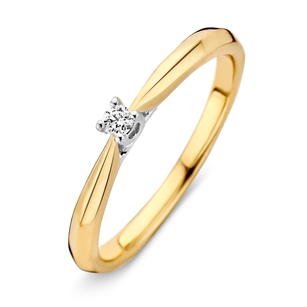 Anello solitario in oro giallo 14kt con diamante da 0,06 ct al centro, design elegante.