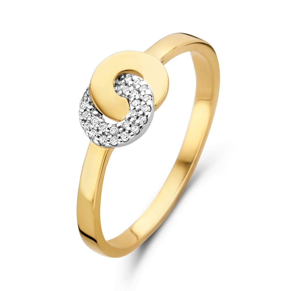 Anello da donna in oro bicolore 14 carati con diamanti e cerchi intrecciati.