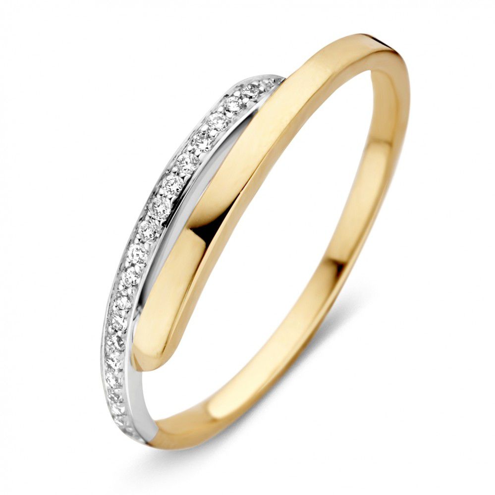 Anello da donna in oro bicolore 14 carati con diamanti taglio brillante.