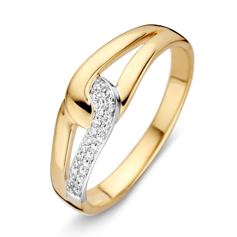 Anello da donna in oro bicolore 14 carati con diamanti taglio brillante.