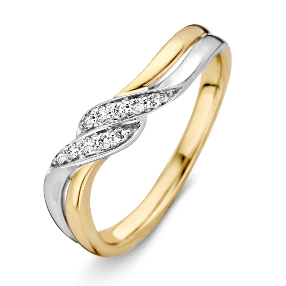 Anello bicolore in oro 14 carati con diamanti brillanti, design ondulato.