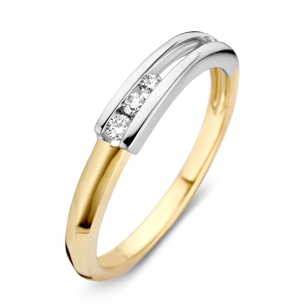 Anello da donna in oro bicolore 14 carati con diamanti taglio brillante.