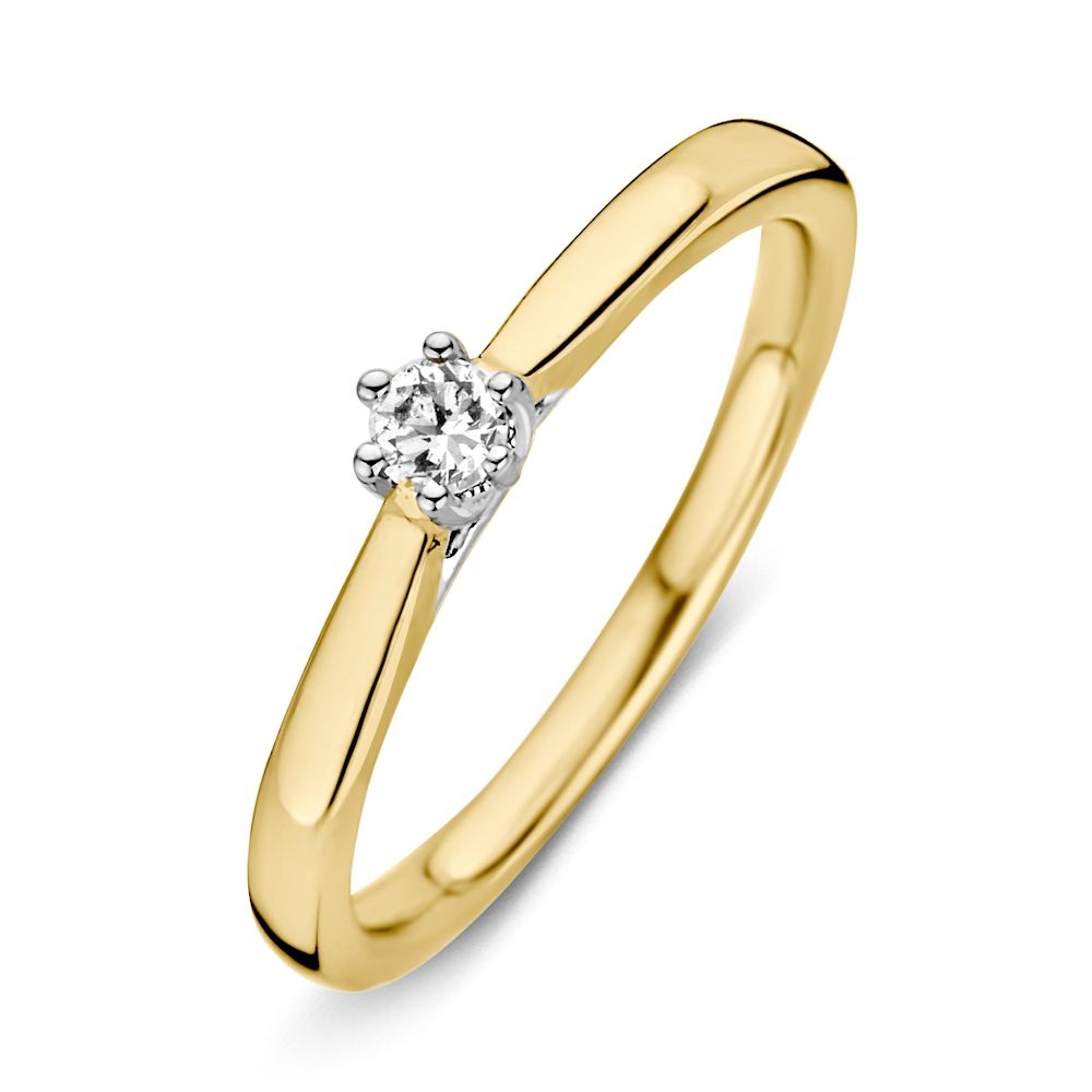 Anello solitario bicolore in oro 14 carati con diamante e montatura a sei griffe.