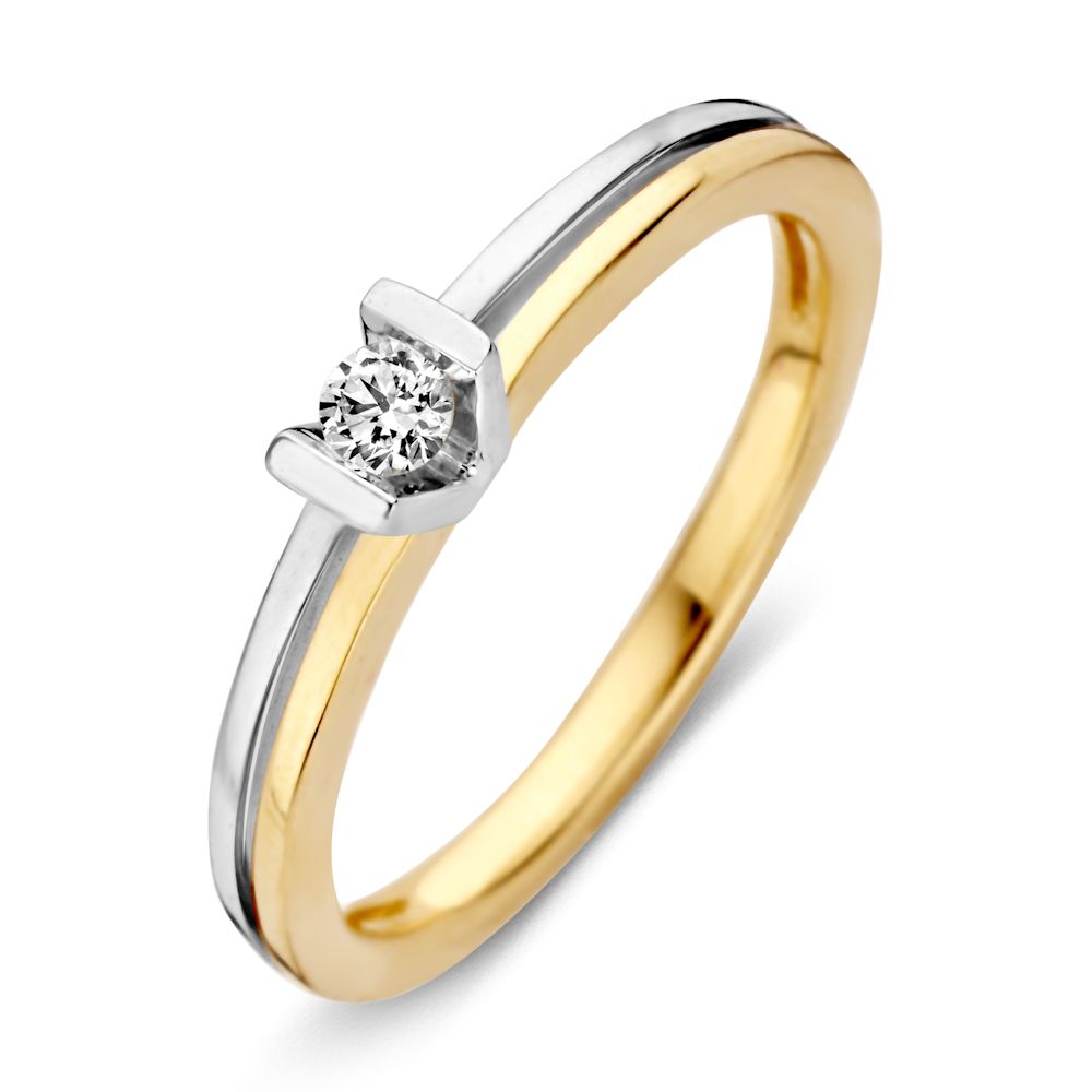 Anello da donna in oro bicolore 14 carati con diamante taglio brillante.