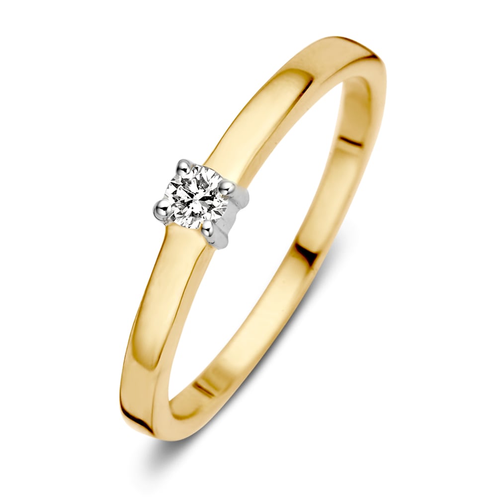 Anello in oro bicolore 14 carati con diamante taglio brillante.