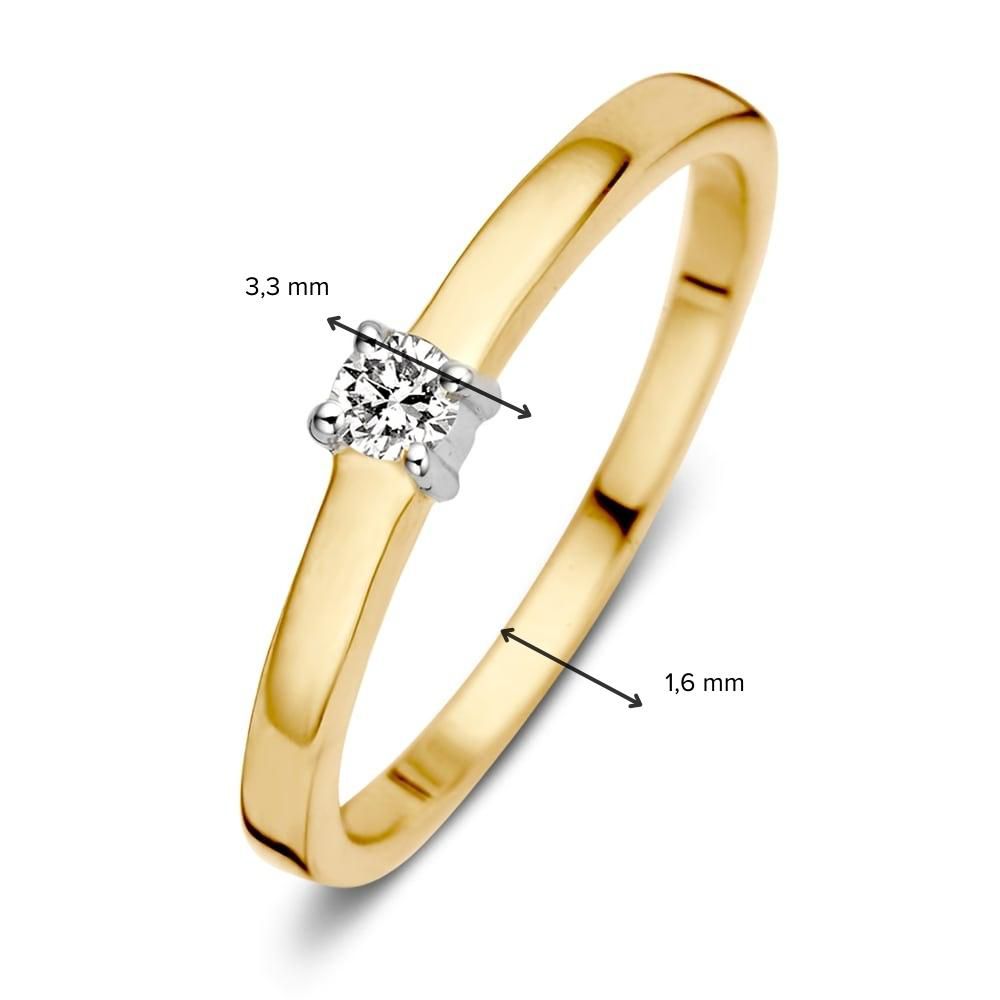 De 14-Karaats Bicolor Gouden Damesring met Briljant Geslepen Diamant van Excellent Jewelry heeft een 3,3 mm diamant in zilveren zetting en een elegante, 1,6 mm brede gouden band-een tijdloze en moderne keuze.