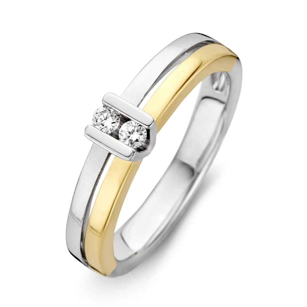 Anello bicolore in oro 14 carati con diamanti brillanti, design elegante e moderno.