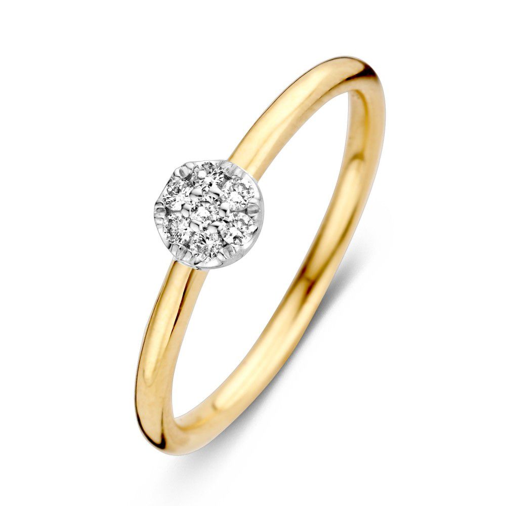 De 14-karaats bicolor gouden damesring van Excellent Jewelry is voorzien van briljant geslepen diamanten in een cluster en is schuin gefotografeerd tegen een witte achtergrond.