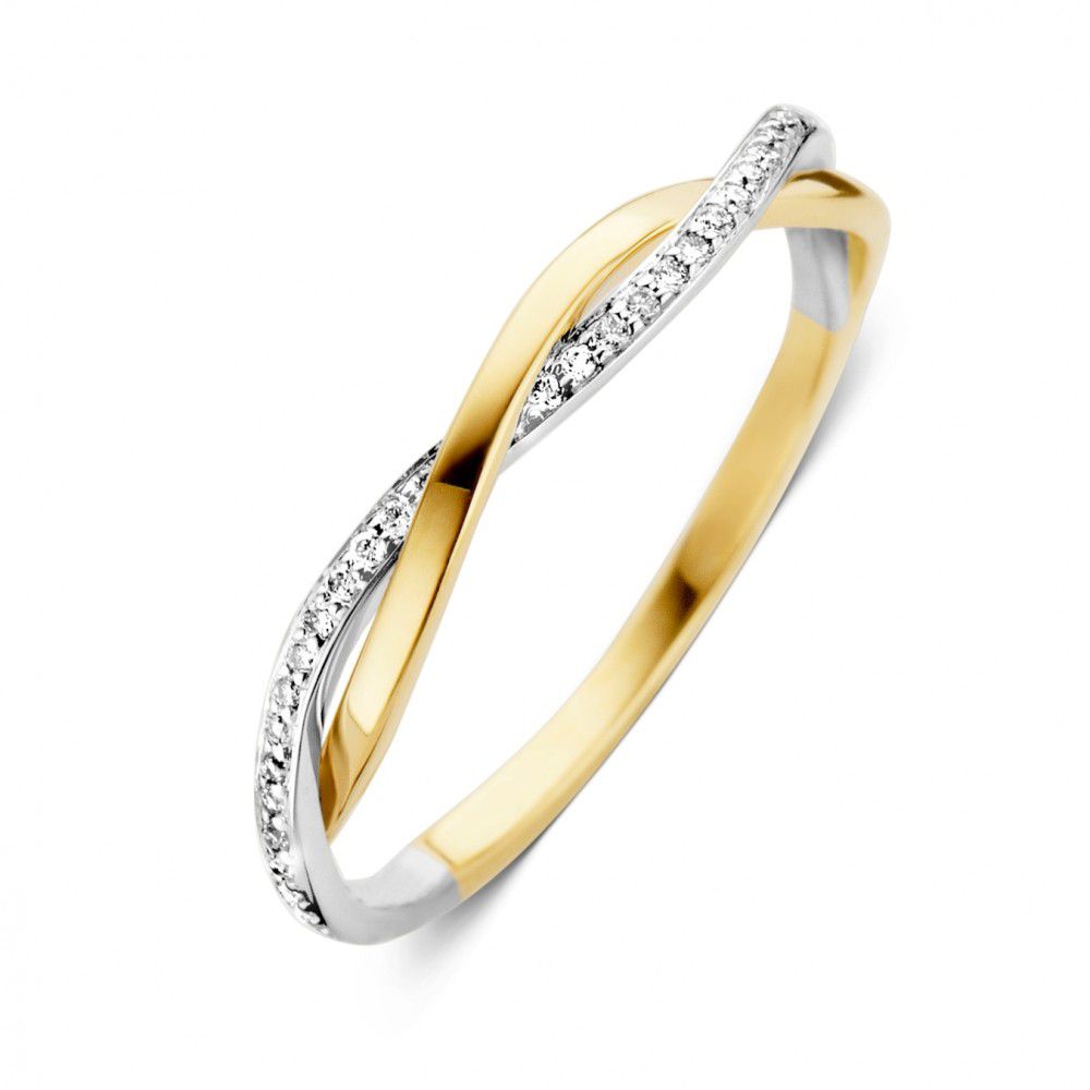 Anello in oro bicolore 14 carati con diamanti taglio brillante.