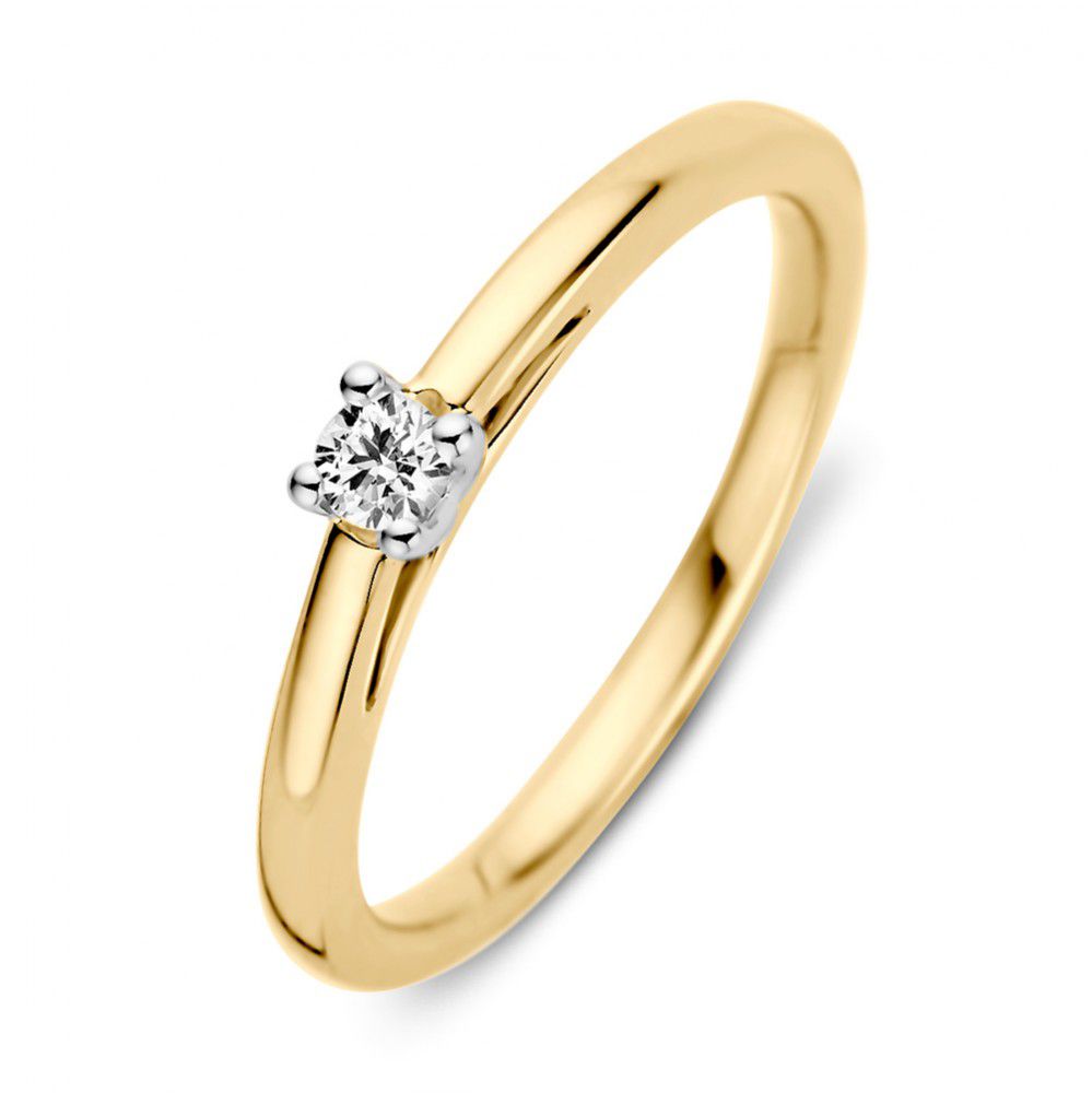 Anello in oro bicolore 14 carati con diamante taglio brillante.