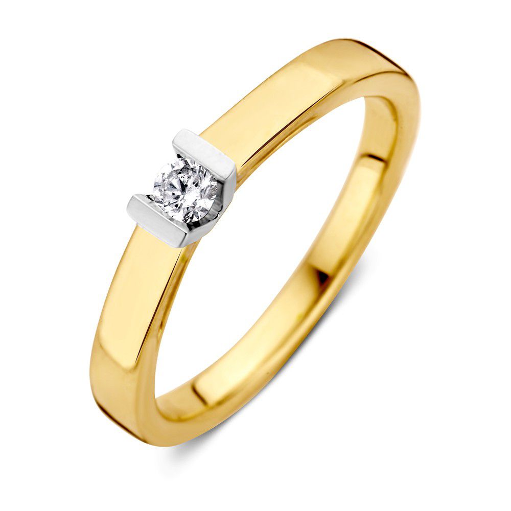 Anello in oro giallo 14 kt con diamante brillante da 0,10 ct, design elegante.