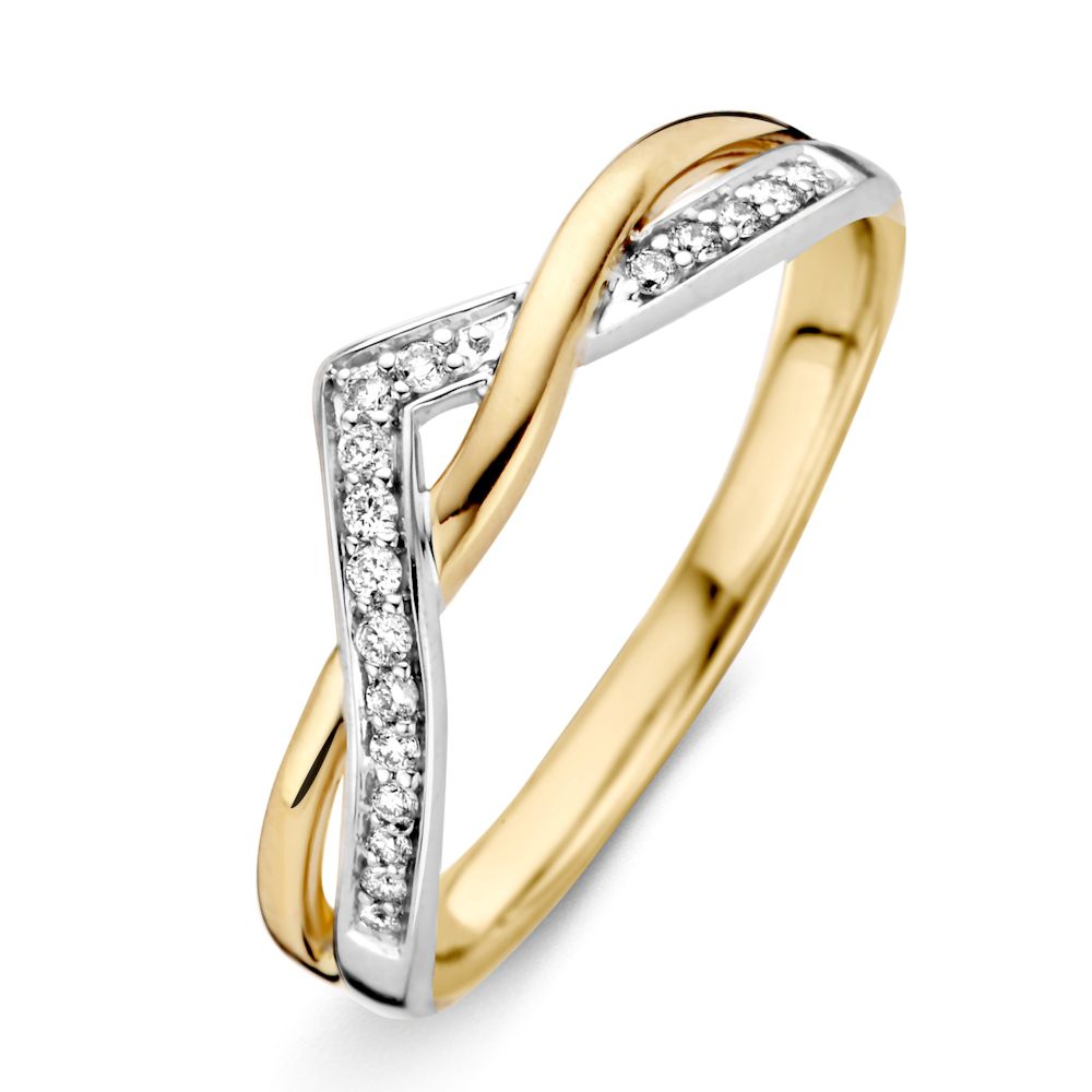 Anello bicolore con brillanti da 0,10 carati, design intrecciato in oro giallo e bianco.