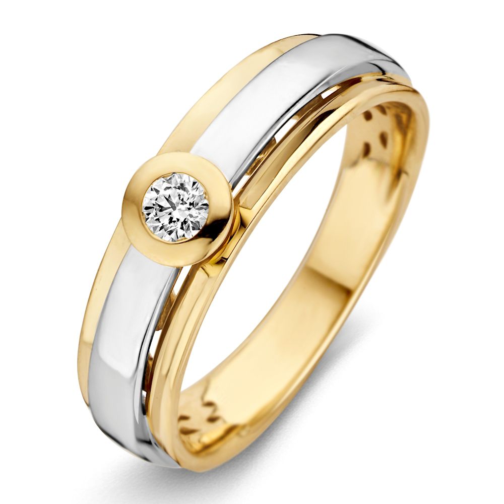 Anello bicolore in oro 14 carati con diamante taglio brillante incastonato.