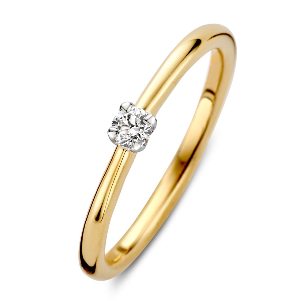 Anello solitario bicolore in oro giallo e bianco con incastonatura a tulipano e diamante.