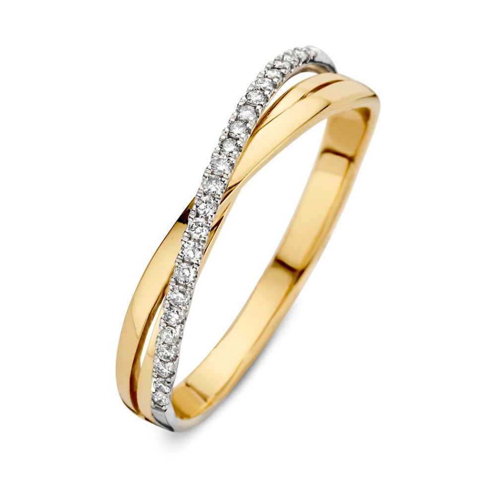Anello bicolore in oro 14kt con diamanti da 0,11 ct, design crossover.