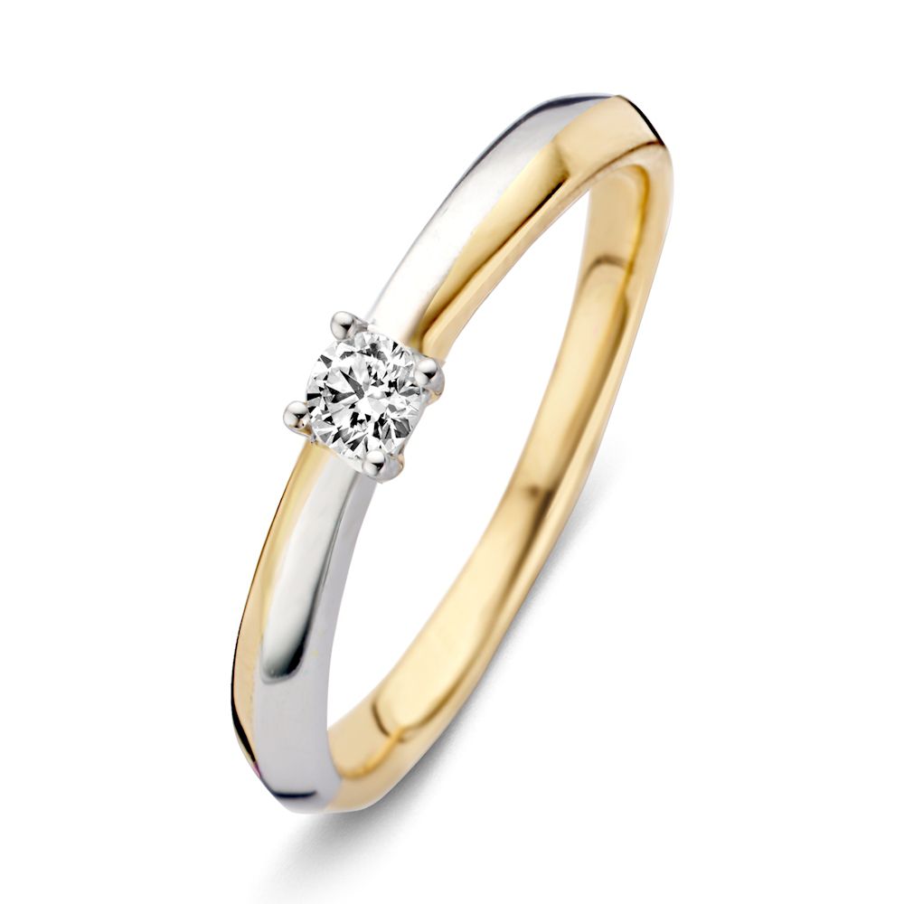 Anello bicolore in oro 14 carati con diamante brillante da 0,12 ct.