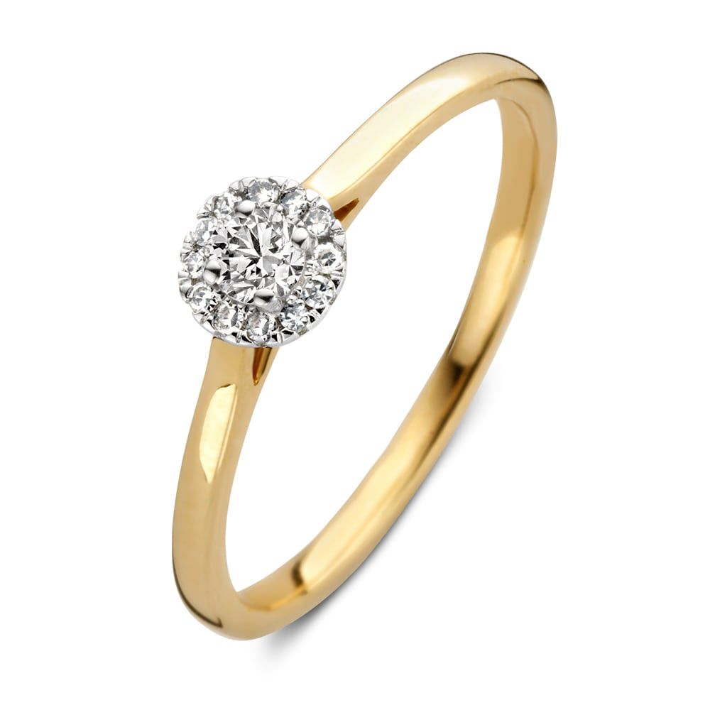 Anello in oro giallo e bianco con diamanti brillanti da 0,15 ct, design con entourage.