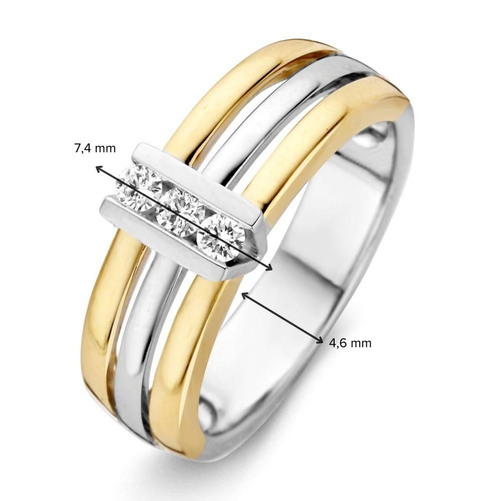 Anello Largo Bicolore in Oro con Tre Brillanti in Castone a V 0.15 crt.