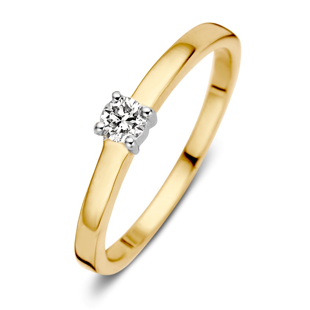 De Excellent Jewelry 14K bicolor geel- en witgouden gekruiste damesring is gezet met een 0,16 ct briljant diamant in een witgouden vierpoots zetting.