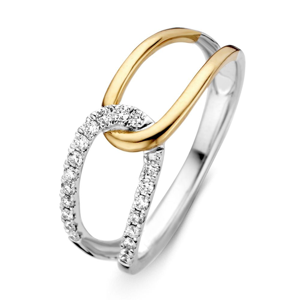 Anello da donna in oro bicolore giallo e bianco con diamante brillante da 0,18 ct.